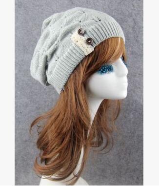 New European knitted hat, leaf lace button wool hat, lady's cap, W269