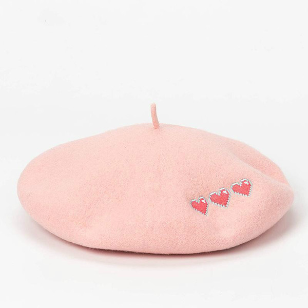 DeePom Boina Feminina 100% Wool Beret Women Winter Hat Female Flat Cap Embroidery Love Heart Pink Gorras Fashion Warm Berets New