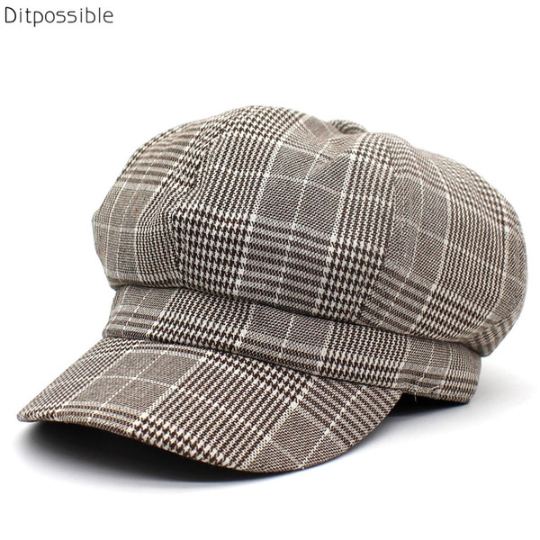 Ditpossible 2018 New Women Vintage Plaid Beret Hats Cotton Linen Flat Caps Female Gorras Berets