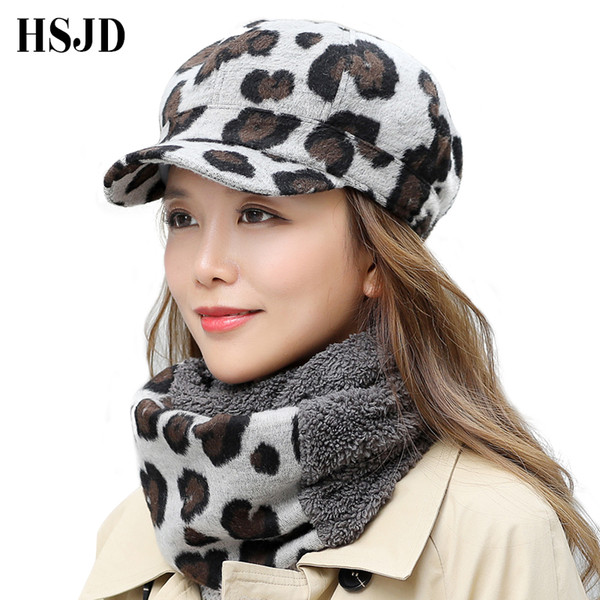 New Vintage Woolen Leopard Print Captain Hat Women Flat Top Winter Cap Beret Hat Scarf Set Female Thick Baseball Cap Painter