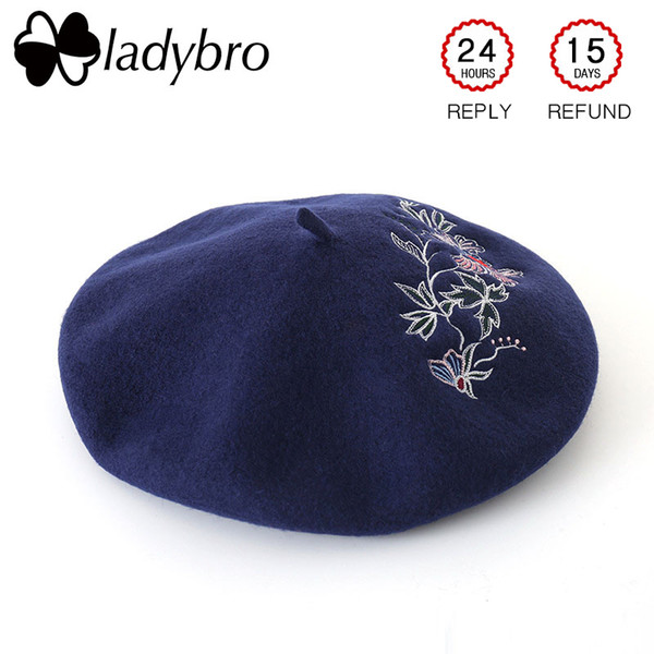 Ladybro Wool Berets Women Hat Embroidery Painter Hat Bonnet Cap Femme Autumn Winter Female Flower Beanies Lady Beret Cap