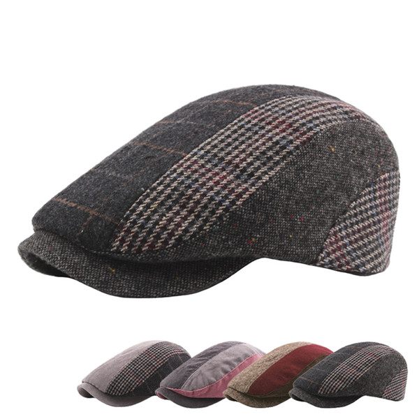 Vintage Plaid Striped Beret Cap Newsboy Cap Men Winter Wool Ivy Hat Berets Golf Driving Cabbie Flat Hats Male Classic Gatsby Hat