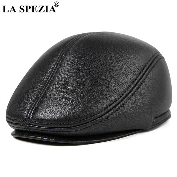 LA SPEZIA Winter Flat Caps Beret Men Black Warm Duckbill Hat Ivy Male Earflaps Thicker Genuine Leather Solid Classic Driving Cap