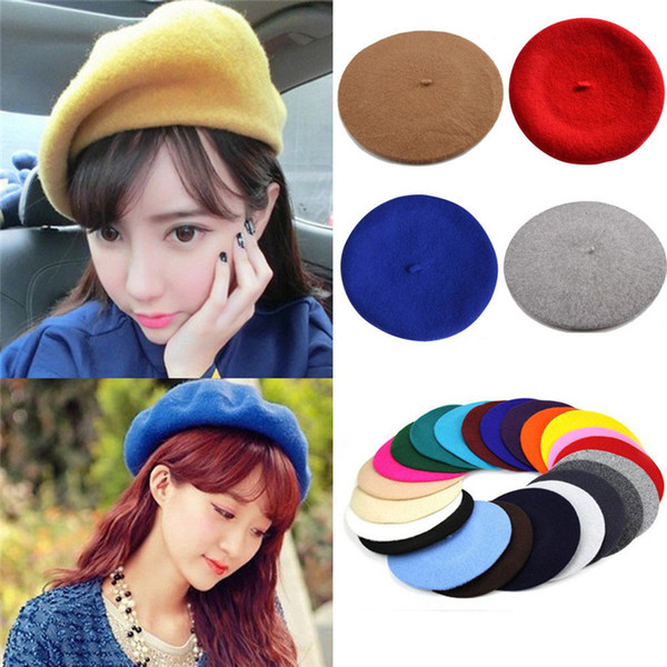 2018 Autumn Winter New Vintage Berets Women Girls Sweet Youth Wool Warm Plain Beret Hat Cap Ladies Vogue Hats Caps 11 Colors