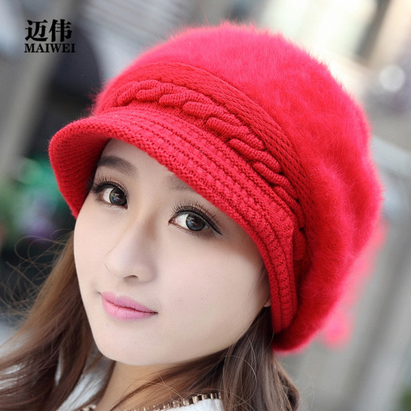 cashmere knitted hat Korean type winter women's Beret peaked cap lady rabbit hair hat 004