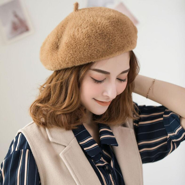 1PCS Womens Beret High Quality Mink Hair Beanie Japanese Artist Solid Cap Bonnet Caps Stretchy Flat Hat Stylish Trilby Warm Outdoor Hats