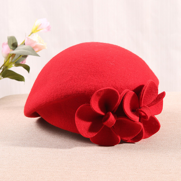 2018 Wool Felt Flower Beret Hat Stewardess Cap Women Australian Wool Fedora Cap Chapeu Feminino Wine Red Black Winter Ladies Hat