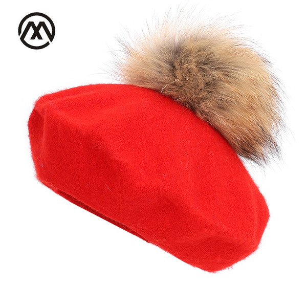 New painter beret outdoor artist hats autumn and winter new warm knit caps solid color fashion raccoon fur pom-pom vintage beret