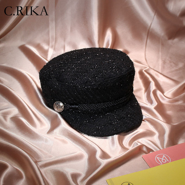 2018 Winter Vintage Fashion wine red black berets hats Gold Thread Tweed hat Gorras Female Casquette women berets