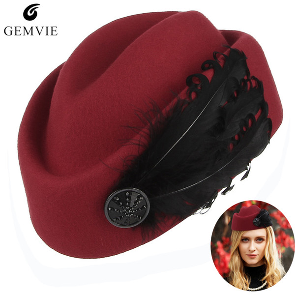 Elegant Lady Berets Airline Stewardess Cap Women 100% Wool Solid Color Adjustable Beret Caps With Feather Formal Occasion Hats