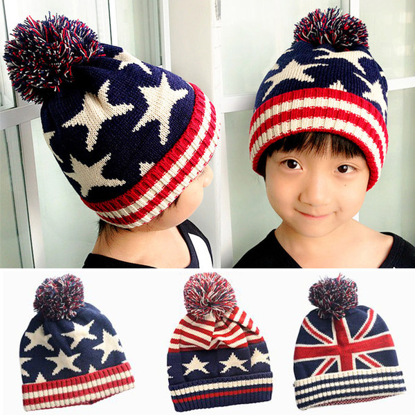 2017 Autumn Winter Hat Children Kids Flag Cotton Beanies Cap Pom Pom Ball Knitted Wool Warm Hats Stripe and Stars Hats For Kids Christmas