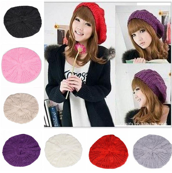 Women Crochet Knitted Berets warm hats Brand 10 Colors Winter Berets Braided Baggy Beanie for Women Ski Cap S663