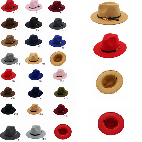 Fashion TOP hats belt with metal ring Elegant Solid felt Fedora Hat Wide Flat Brim Jazz Hats Trilby Panama Berets Caps GGA1162