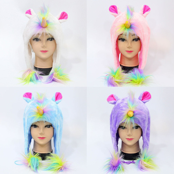 Rainbow Unicorn Warm Hats Cartoon Soft Horse Plush Hat Winter Earmuffs Warm Cute Colorful Fur Hat CA549