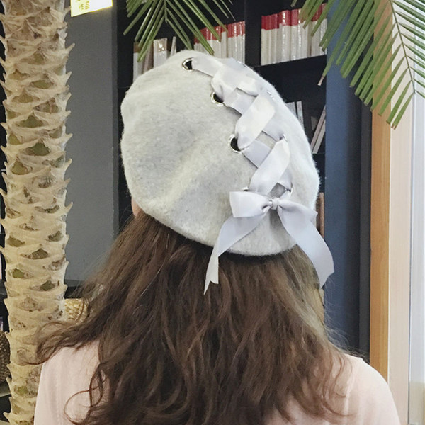 Winter Fashion Women's Rabbit Bow Beret Hat Cross Straps Artist Berets Cap Stylish Painter Newsboy Hats Female Bonnet Solid Cap