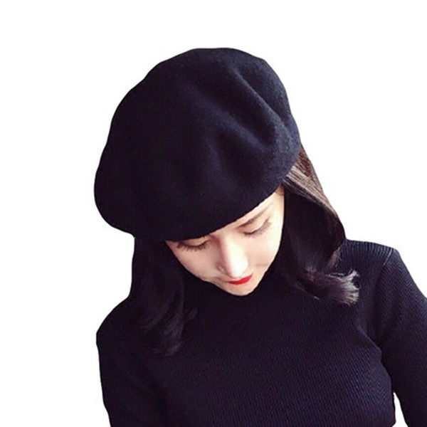 5pcs New Fashion Solid Color Warm Wool Winter Women Girl Beret French Artist Beanie Hat Ski Cap Wholesale