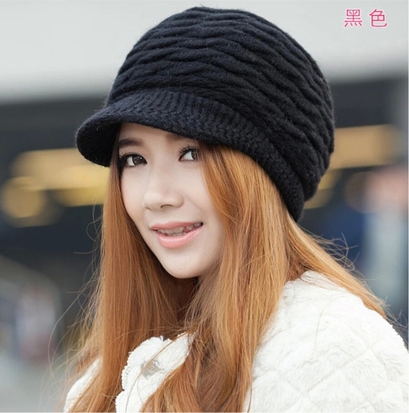 Women Winter Warm Knit Hat Rabit Fur Snow Ski Brim Caps With Visor Berets