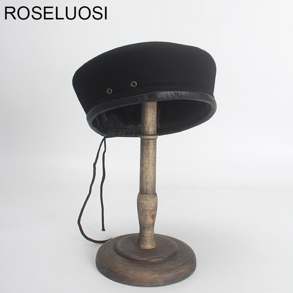 ROSELUOSI Autumn Winter Black Wool Beret Hat For Women Thick Warm Berets Caps Leather Patchwork Boina Feminina