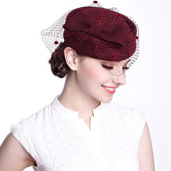 Womens Church Dress Fascinator Airline Stewardess Wool Felt Tilt Pillbox Hat Party Wedding Bowknot Veil Cap A080