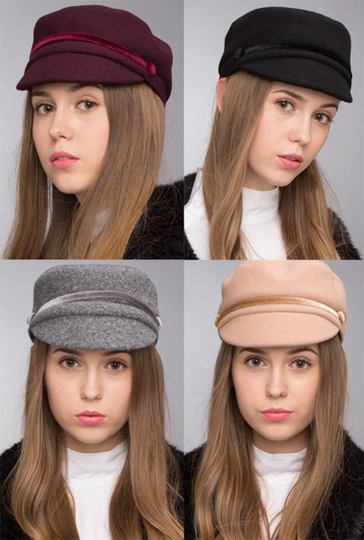 Stand Focus Women Military Army Cadet Hat Cap Ladies Fashion Tweed Fall Winter Flat Thick Warm Fashion Burgundy Gray Black