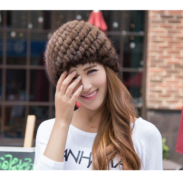 Fur Caps Genuine Mink Hat Winter Fashion Female Real Mink Hat Hand Knitted Thicken Russian Fur Hat Ms.MinShu Brand