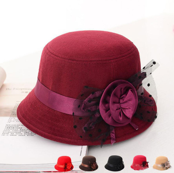 Women Hat Autumn Winter Elegant Bucket Hat Women Cap Fisherman Caps 2018 Faux Woolen Female Fashion Rose Flower Bonnet Adult