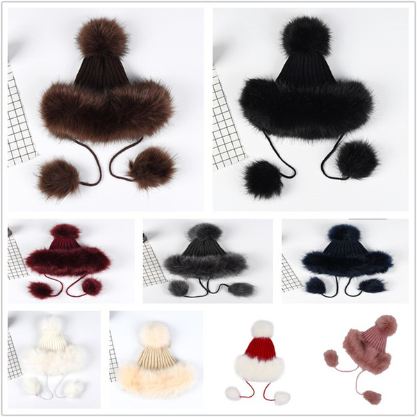 Woven Hat Imitation Fox Fur Ball Simulation Fur Hat Winter Women Thick Warm Knitted Wool Ball Hat 10 Colors