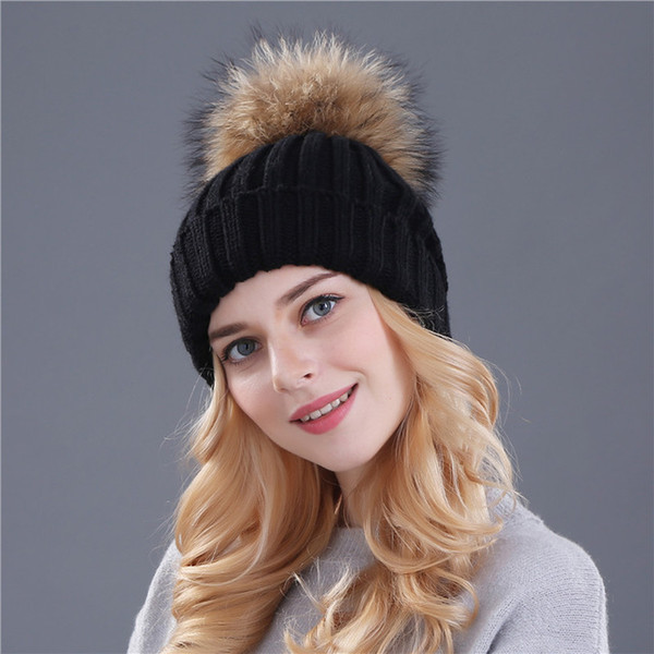 Top quality mink and fox fur ball cap pom poms winter hat for women girl 's hat knitted beanies cap brand new thick female cap