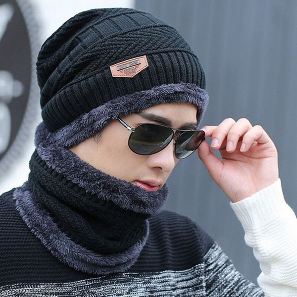 Neck warmer knitted hat scarf set fur Wool Lining Thick Warm Knit beanies balaclava Winter Hat For men women Cap bonnet