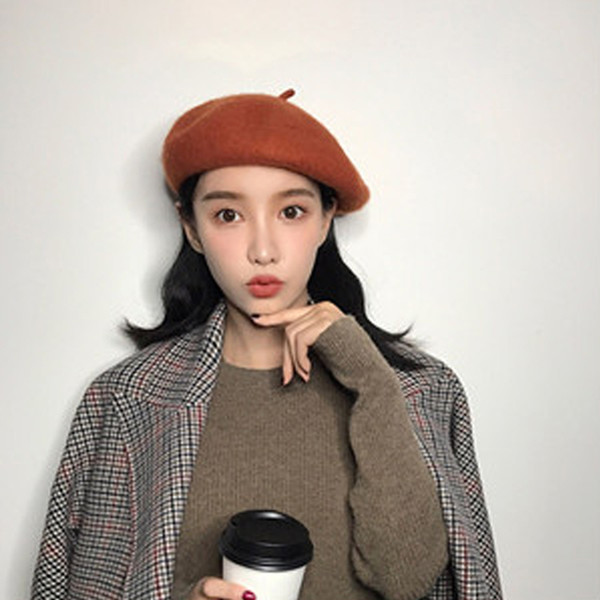 Top quality Pure Wool BERET female winter JWarm French Beret Hat Beanie Pure Color Sweet Cap small fresh female all-match Korean winter tide