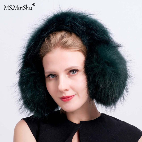 MS.MinShu Drop shipping Unisex Genuine Raccoon Fur Earmuff Winter Ear Warmer Fluffy Fox Fur Earflap Fashion Ear muff Neck Wamer