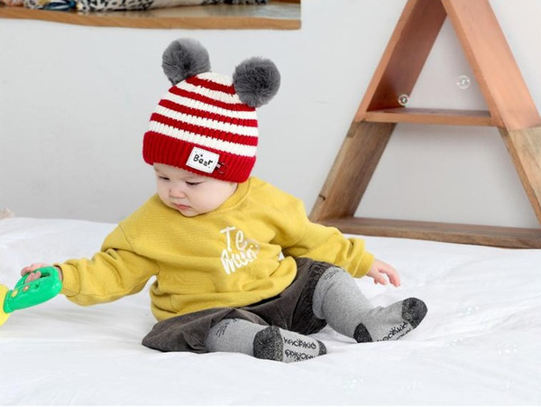 best sale Lovely Baby Winter Warm Stripped Bear Hat Baby Toddler Knitted Double Balls Knitted Cap Child Hat Kids Bear Cap Patchwork Christma