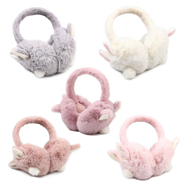 Women Girls Winter Thicken Plush Earmuffs Cute Rabbit Ears Bunny Tail Solid Color Earflap Foldable Portable Ear Cover Warmer Hea