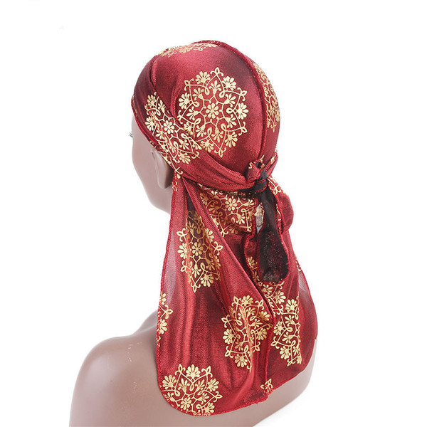 Designer Silky Durag Gold Stamping Style Silk Hair Bonnets Skull Pirate Hat With Long Tail For Adult Men And Women