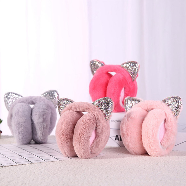 Fashion Women Warm Cute Plush Winter Ear Warmer Earmuffs Cat Ear Cover Muffs Earlap Glitter Sequin Earmuffs Headband For Girls