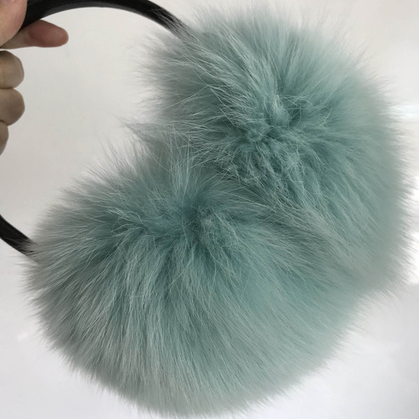 Magic- Green Women Large Real Fox Fur Winter Earmuff Warm Ear Protector Fur Headphones