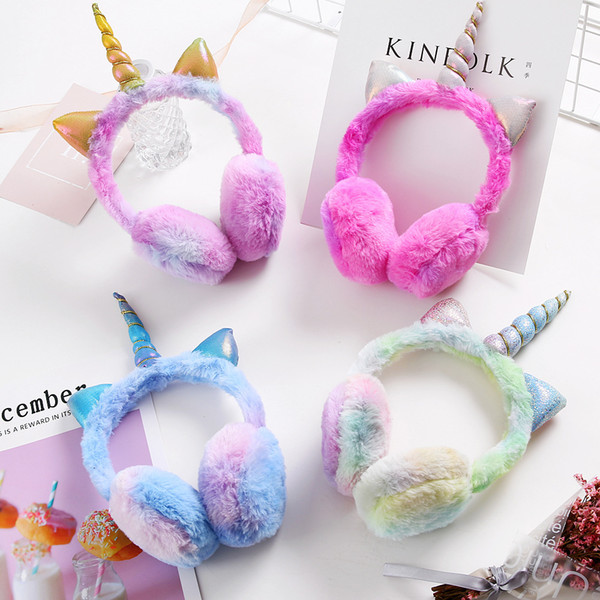 Child Ear Muffs Fashion Winter Lovely Thicken Plush unicorn Earmuffs New fleece knitting Solid Color Kids Ear Warmer Earmuffs CNY910