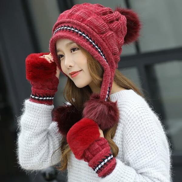 Wool hat female winter thick warm earmuffs knit hat half finger gloves winter fashion tide rabbit fur hat