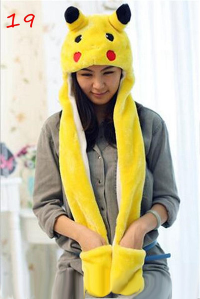 Pikachu Cartoon Plush Animal Faux Fur Full Hood Kids Hat Women Children Costume Beanie with Long Scarf Mittens Gloves Earmuffs