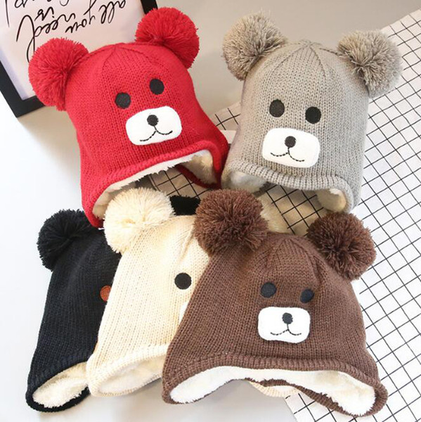 Baby Boys Winter Warm Hats Cartoon bear Pattern Caps Kids Knitted Caps Ear Flaps Beanies Children's Girls Cute Animal Sckullies