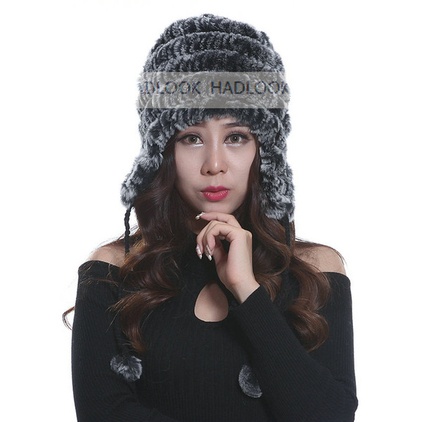 Fur Hats Woman Russian Women Winter Knit Fur Beret Natural Knitted Rex Rabbit Fur Hats Winter genuine Women's warm hat with fox fur flower