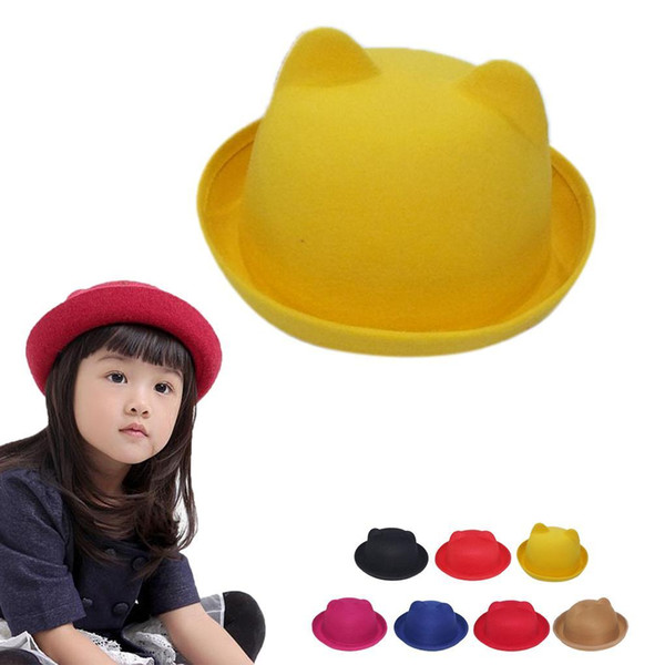 New Children fashion hat style Wool Girls Fedora Hat 7 colors Devil Horns Cat ear animal Bowler lovely Cap for little girl Gift