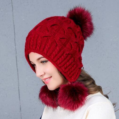 Women's Fur Pom Poms Ball Keep Warm Winter Hat for Women Girl 's Wool Hat Knitted Beanies Cap Thick Female Cap JN
