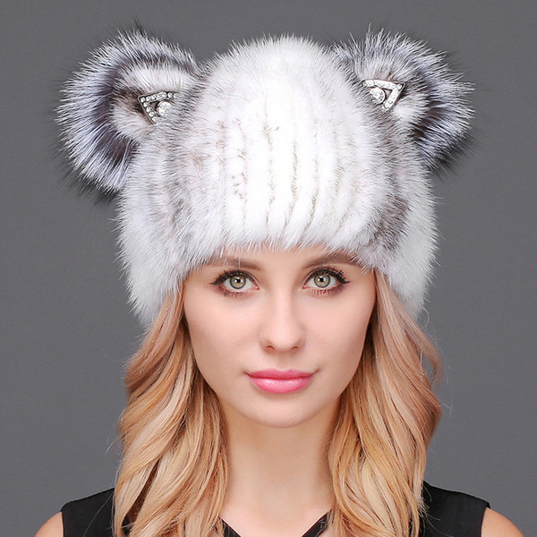 New mink hat winter female suede woven hat new Korean version of warm fur earmuffs cat ears fur hat