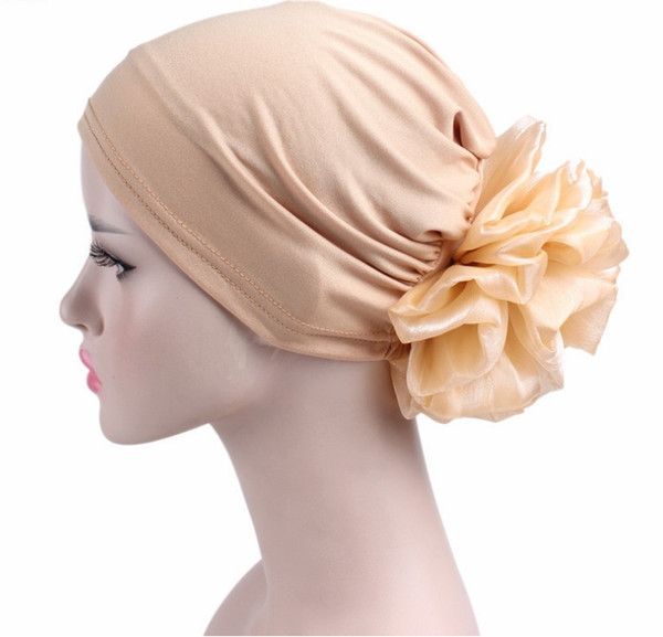 2018 Simple New hot Monochrome Chiffon Flower Hat Cap Head Flower Turban Hat Elastic Cloth Head Cap