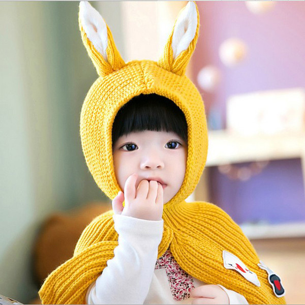 Baby Girls New Winter Children Collar Knitted Rabbit Ears Lovely Warm Hat Conjoined 1-4 Years 4 color optional