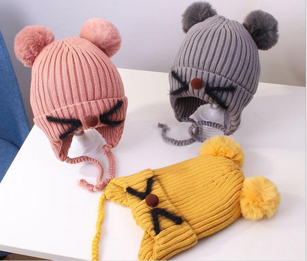 New Baby Hat autumn and winter 1-2-4 year old pure color wool cap children lovely Plush warm knitted ear protector