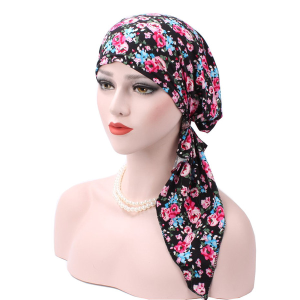 2019 wholesale new European and American fashion curved flower cloth hat Muslim baotou hat cotton headscarf