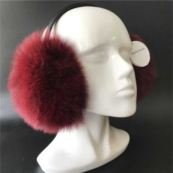 Burgundy- Large Fashional Real fox Fur Earmuffs Woman Girls Lady Earmuff w Real leather band