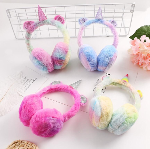 Kids Unicorn Ear Muffs Winter Cartoon Thicken Plush unicorn Earmuffs Colorful Ear Warmer Earmuffs Girls Headwear AAA1501